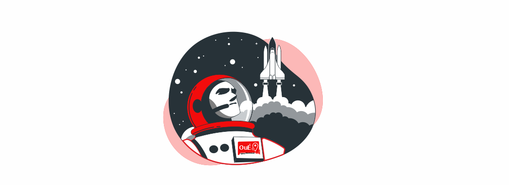 an illustration of astronaut with rocket going in the sky Place à notre nouveau site web - Oué